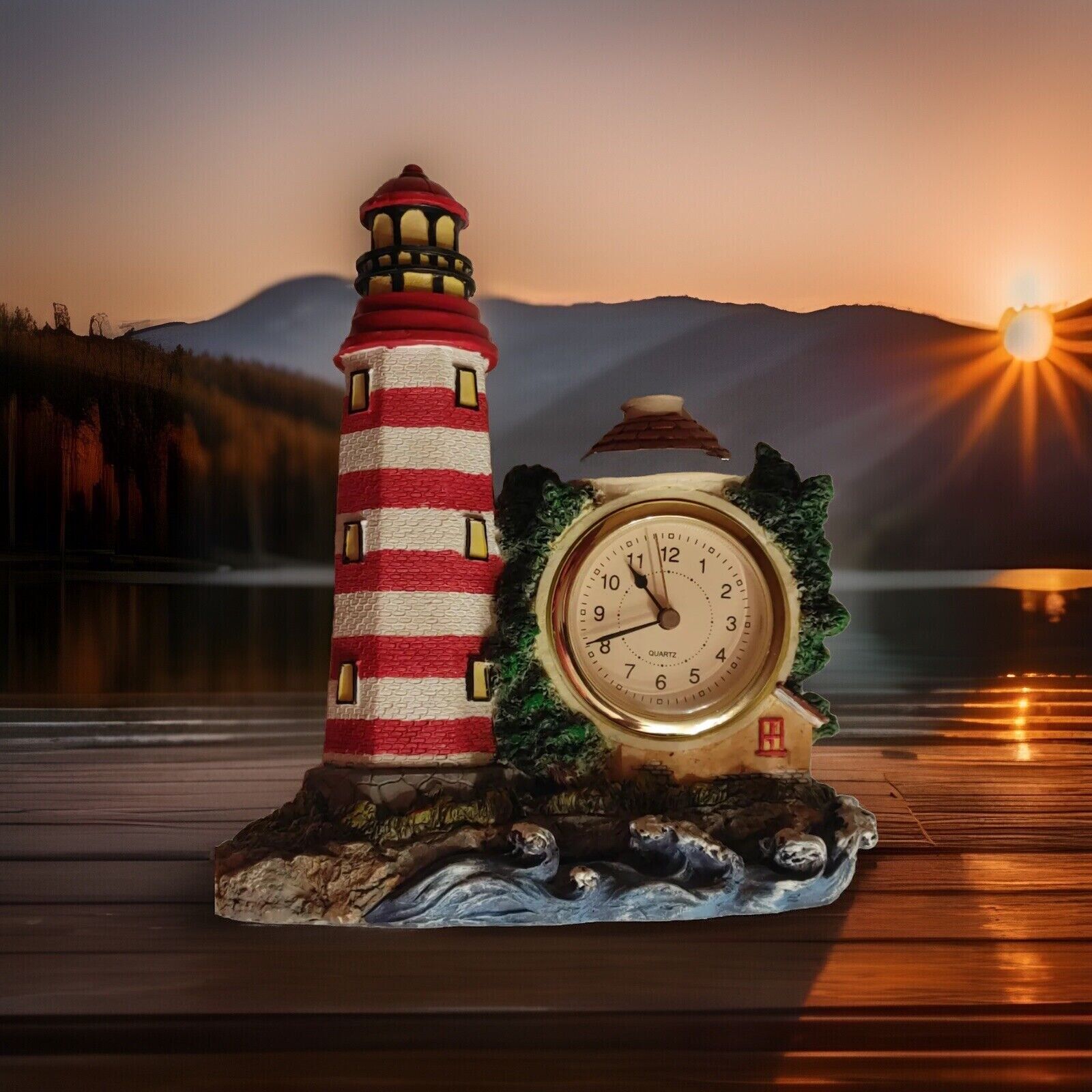 Clock Light House ceramic red and white striped ocean waves blue free standing
