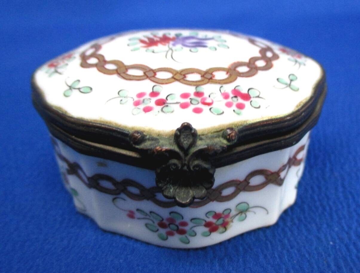 FRENCH LIMOGES PORCELAIN AND BRASS OVAL PILL BOX HAND-PAINTED FLOWERS