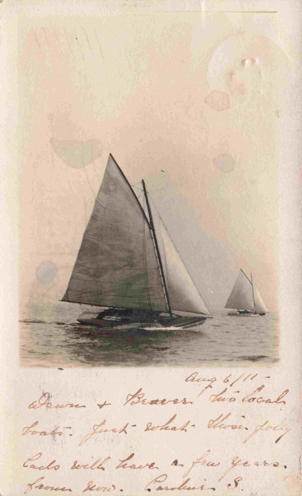 C1910'S Two Sailboats Rppc Photo Postcard (Has Damage) August 6 1911