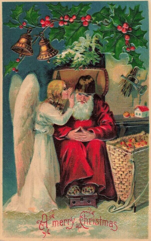 Santa Claus with Whispering Angel~Holly~Antique Embossed Christmas Postcard~h734