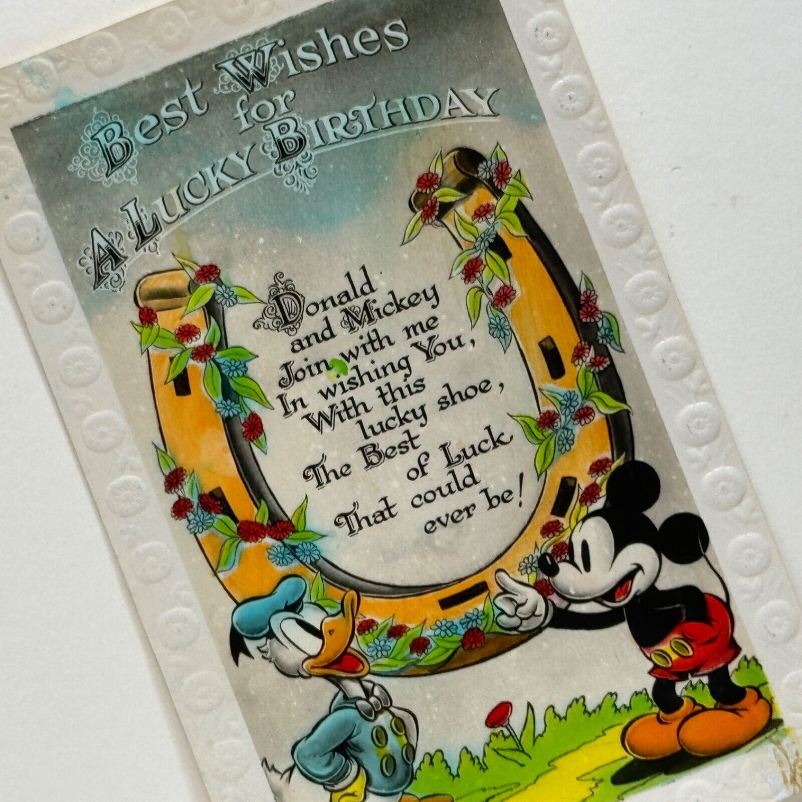 Vintage 1930s Walt Disney  Mickey Mouse & Donald Duck Lucky Birthday Postcard
