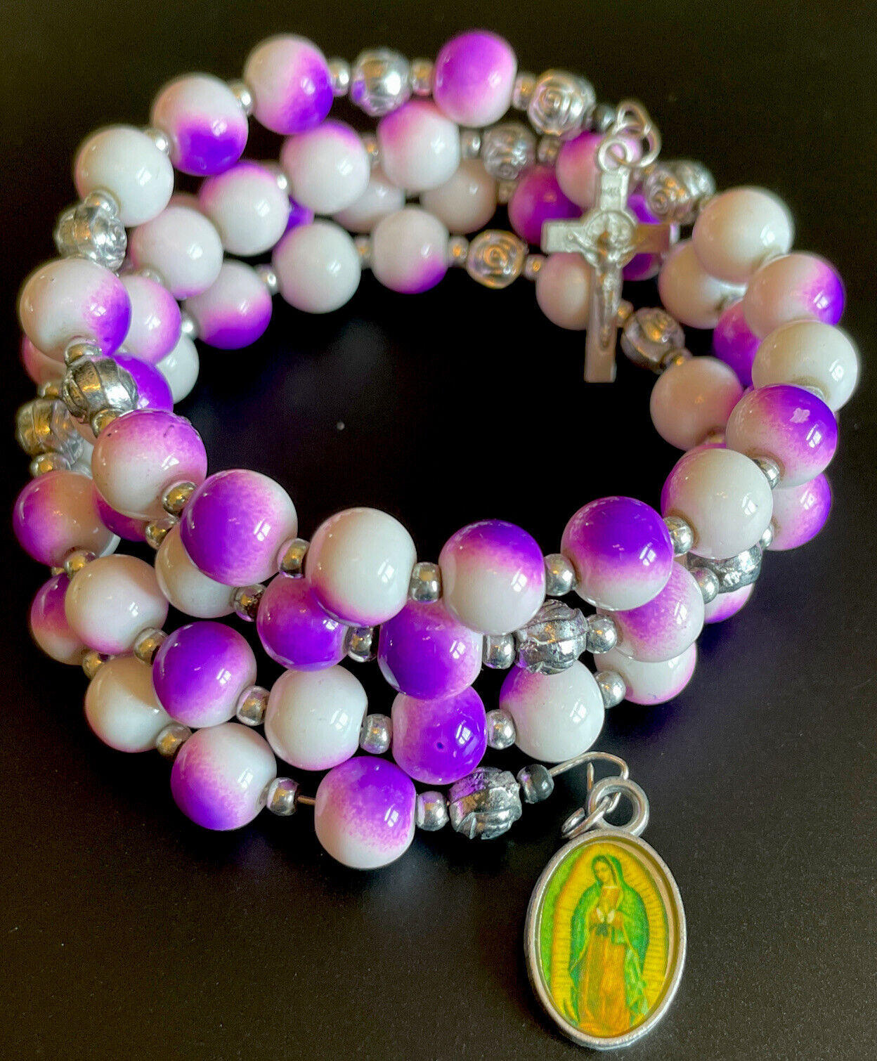 Vintage Hombre Purple White Glass 5 Decade Rosary Coil Bracelet Guadalupe Medal