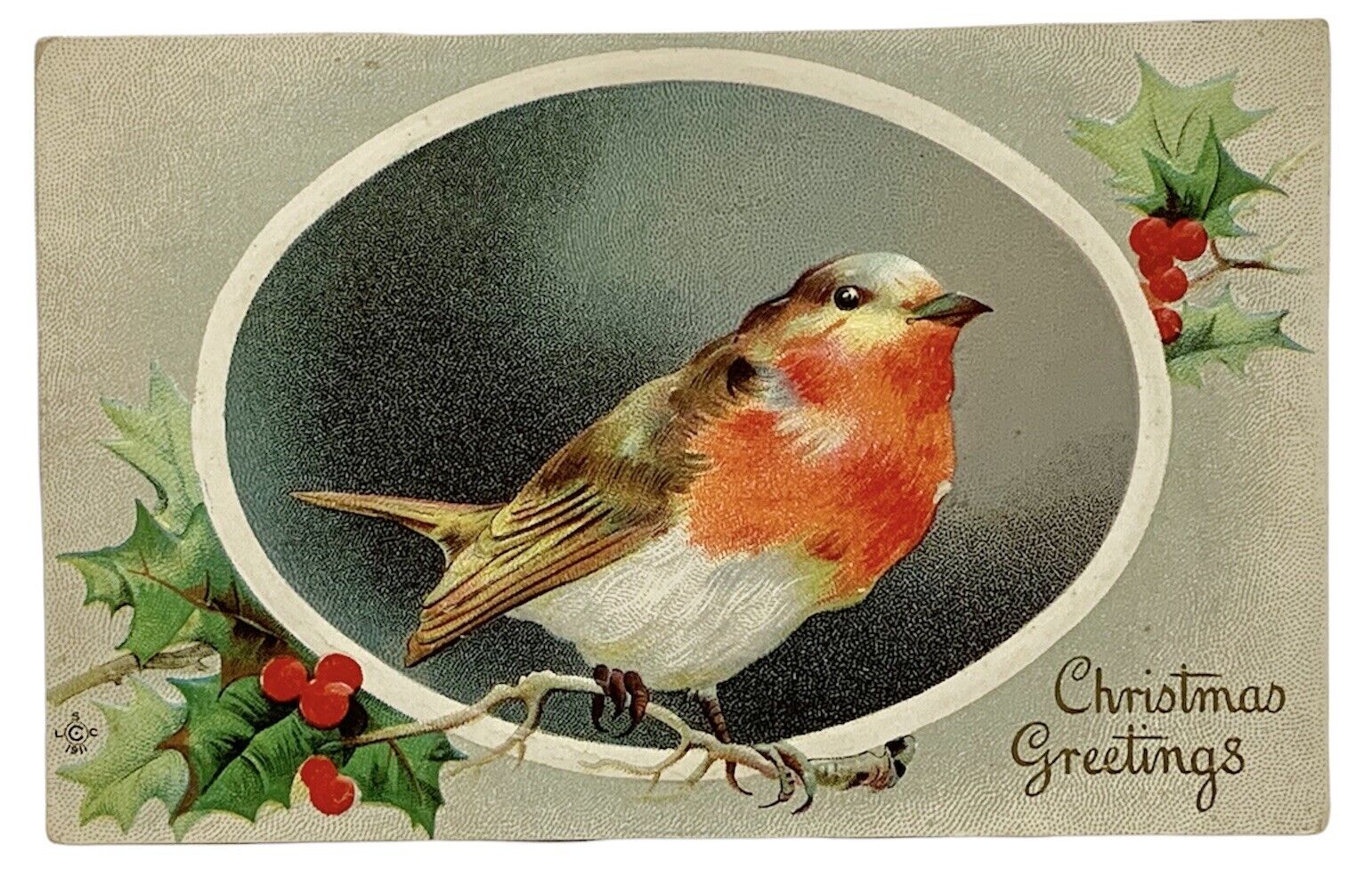 Embossed Vintage Christmas Postcard With A Bird Featured In the Center