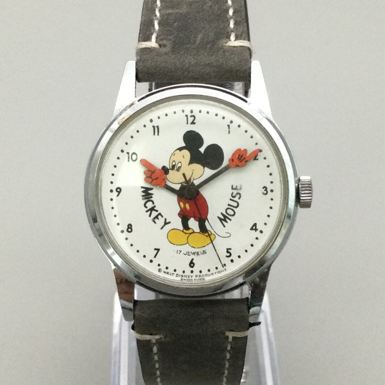 Vtg Disney Mickey Mouse Watch Men 33mm Silver Tone 17 Jewels Swiss Manual Wind