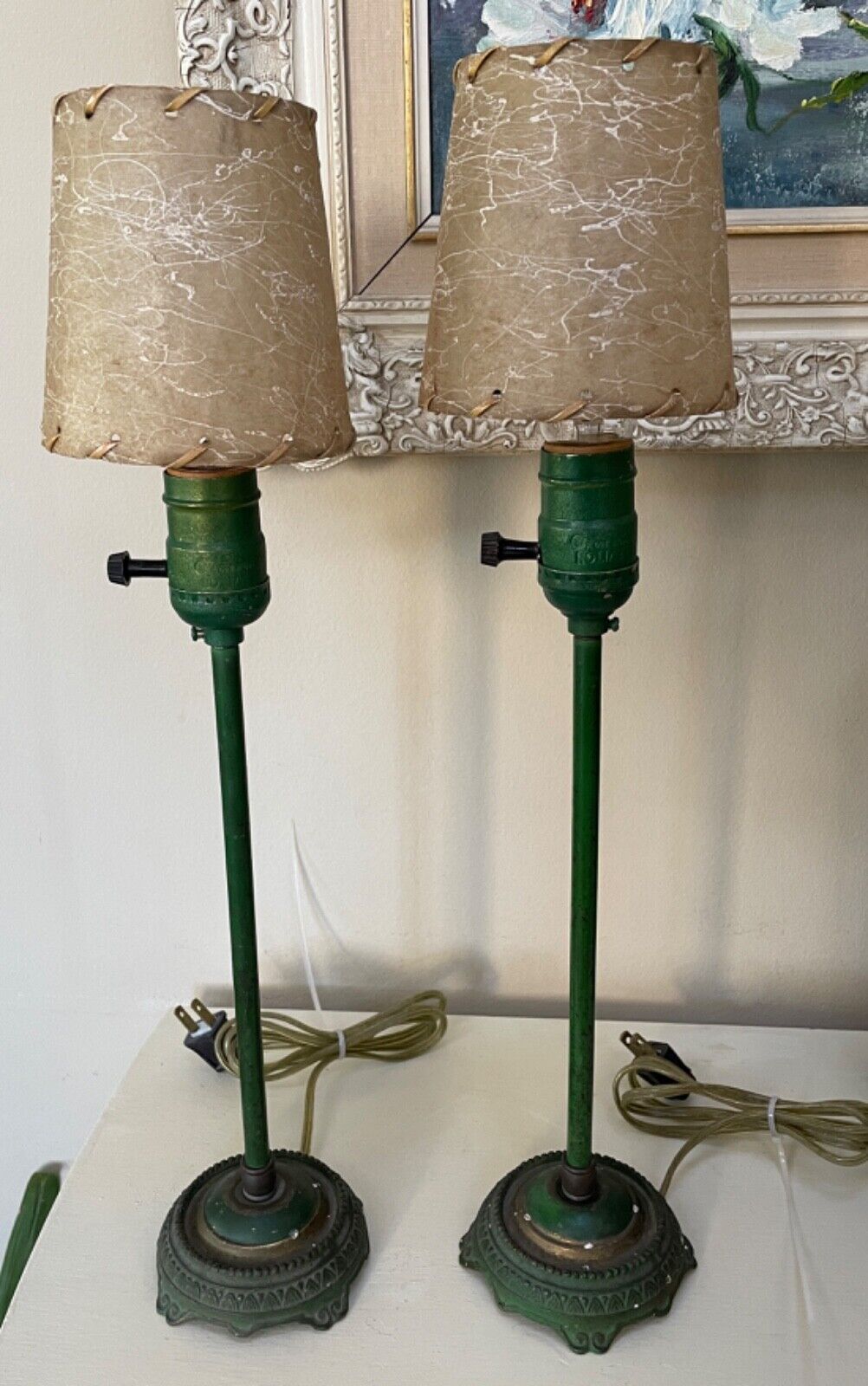 Vintage Pair of Leviton Table Lamps~Green Metal~MCM Fiberglass Small Shades