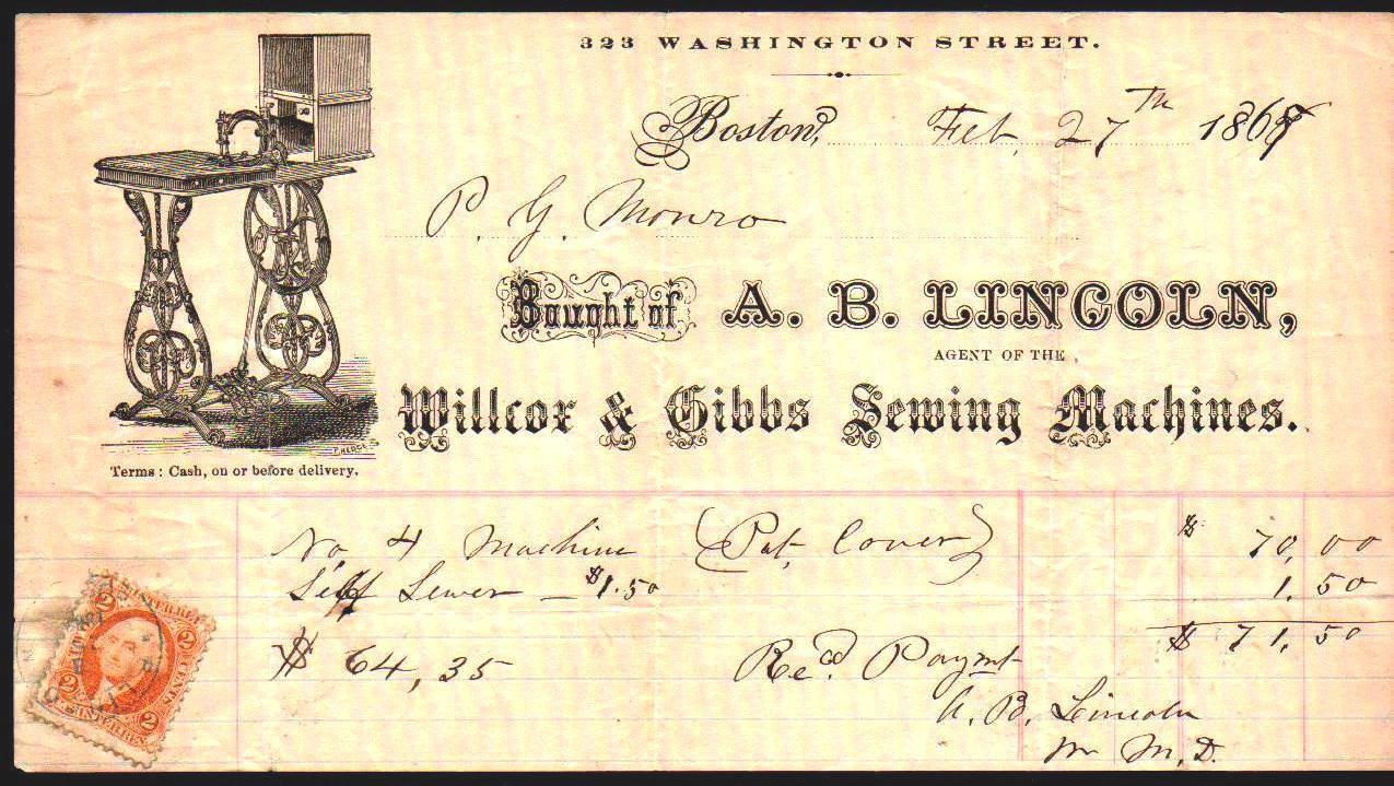 1869 Boston - A B Lincoln - Willcox & Gibbs Sewing Machines - Letter Head Bill