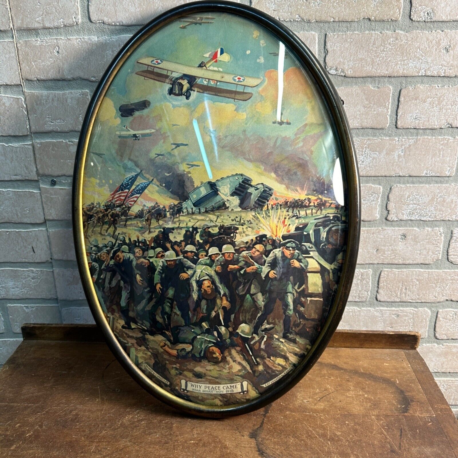 ANTIQUE 1918 WWI MILITARY WHY PEACE CAME BY LURCELLES PRINT PICTURE OVAL FRAME