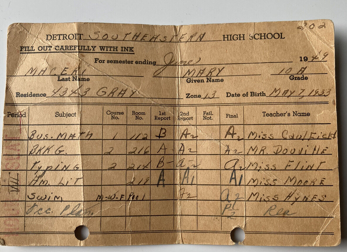 VTG Detroit Public School Report Card 1949 Southeastern HS Very Rare