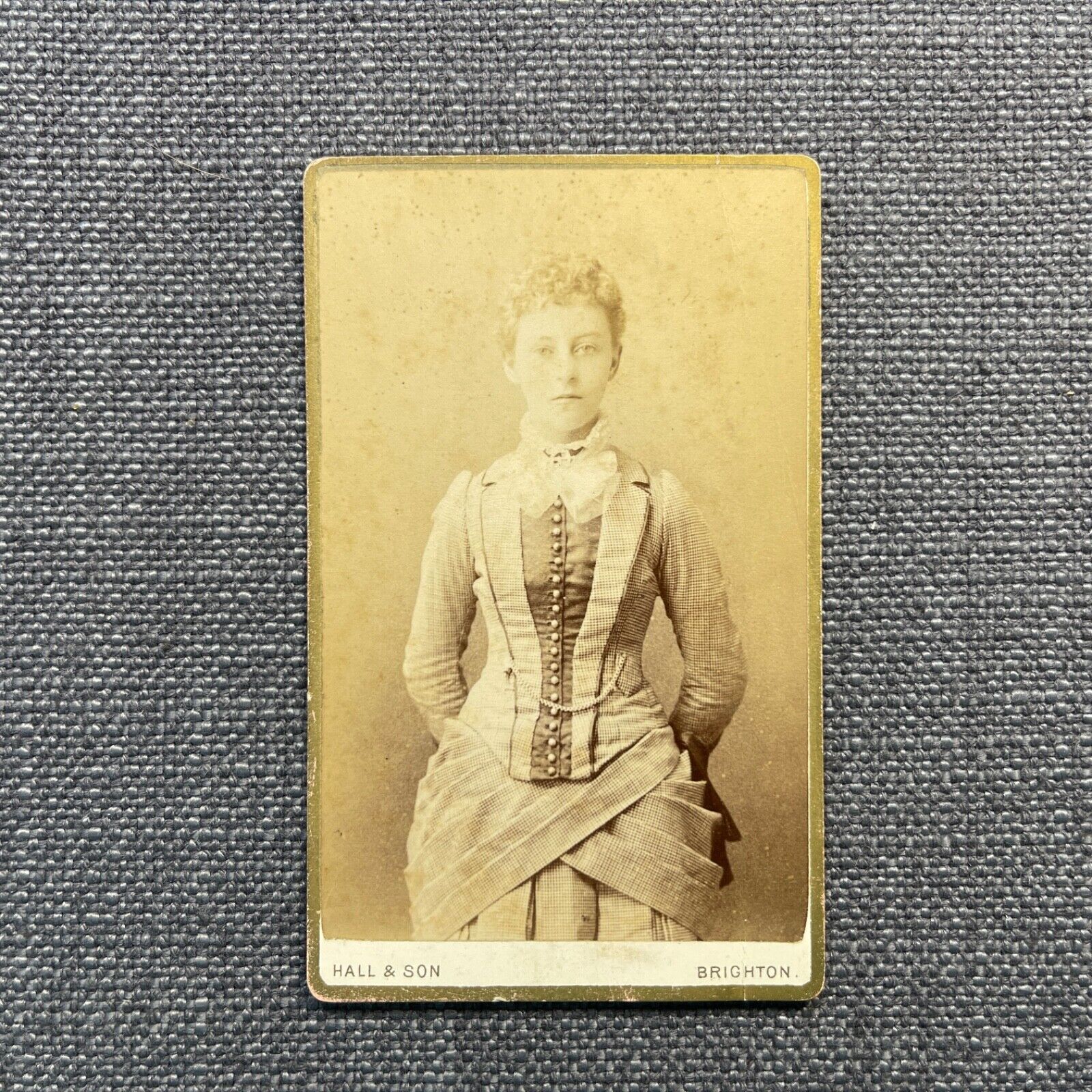 CDV Photo Antique Portrait Young Woman Wearing Plaid Fashion Dress Pocket Watch