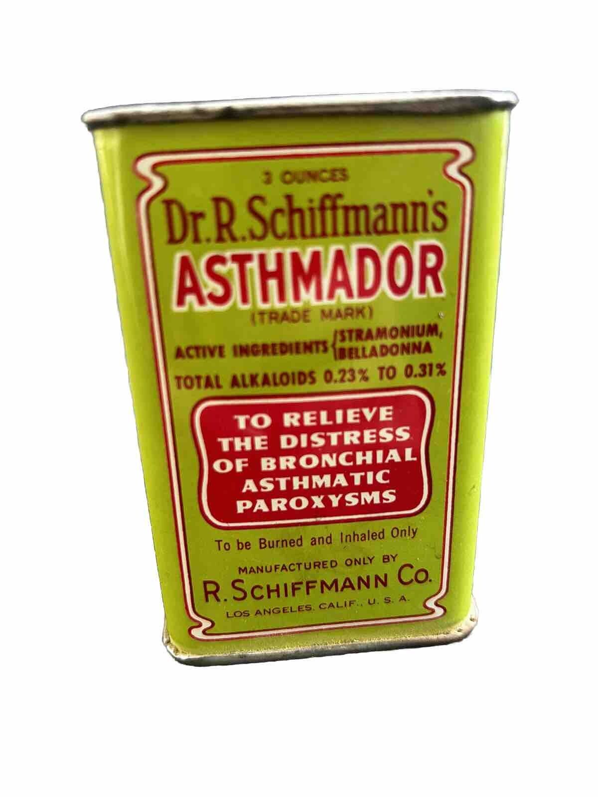 Asthmador Dr. R. Schiffmann\'s 6 Oz. Litho Tin Container, 1940s Inhalation Full