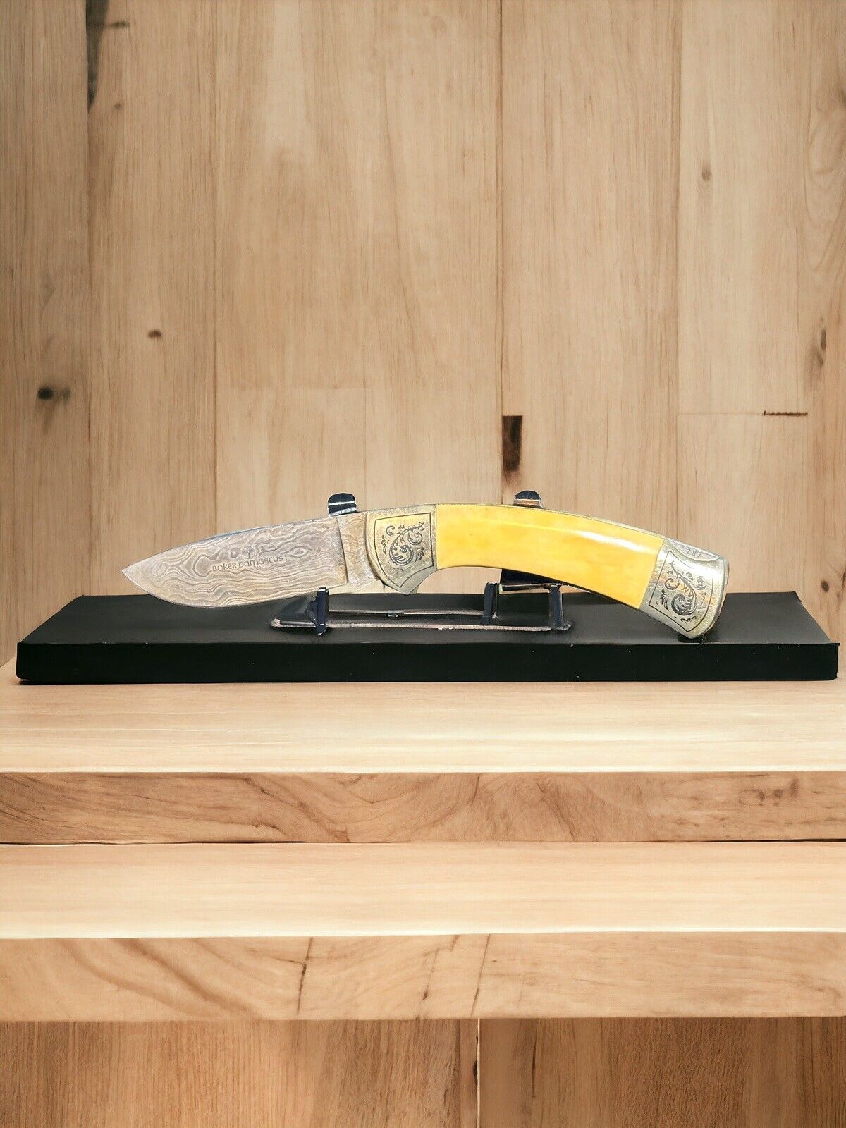Vintage BOKER  Knife Stag Handles  Damascus Blade Solingen Germany