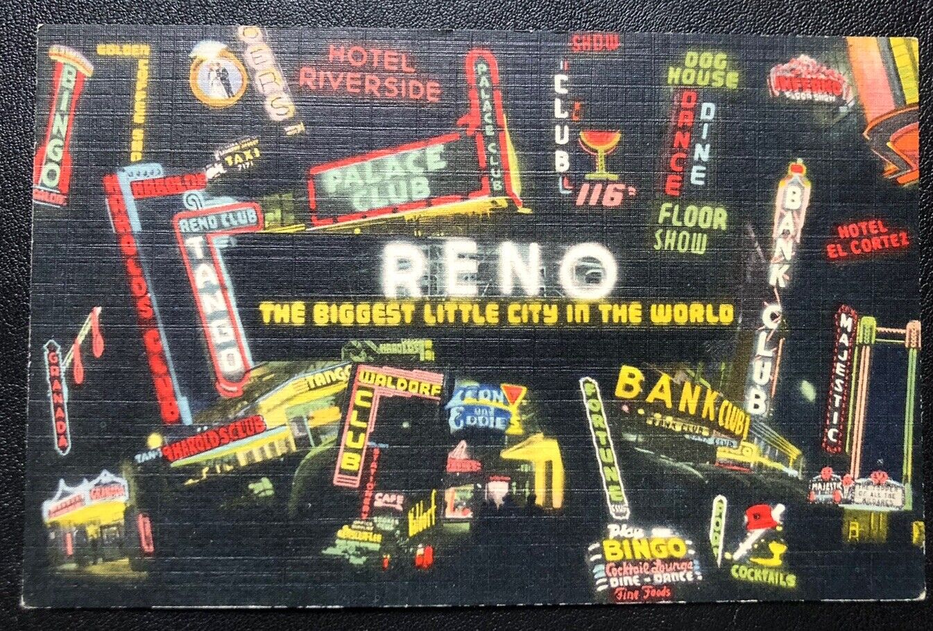 Reno Linen Casino Neon Signs Gambling Night Show Clubs NV Vintage Postcard FF83