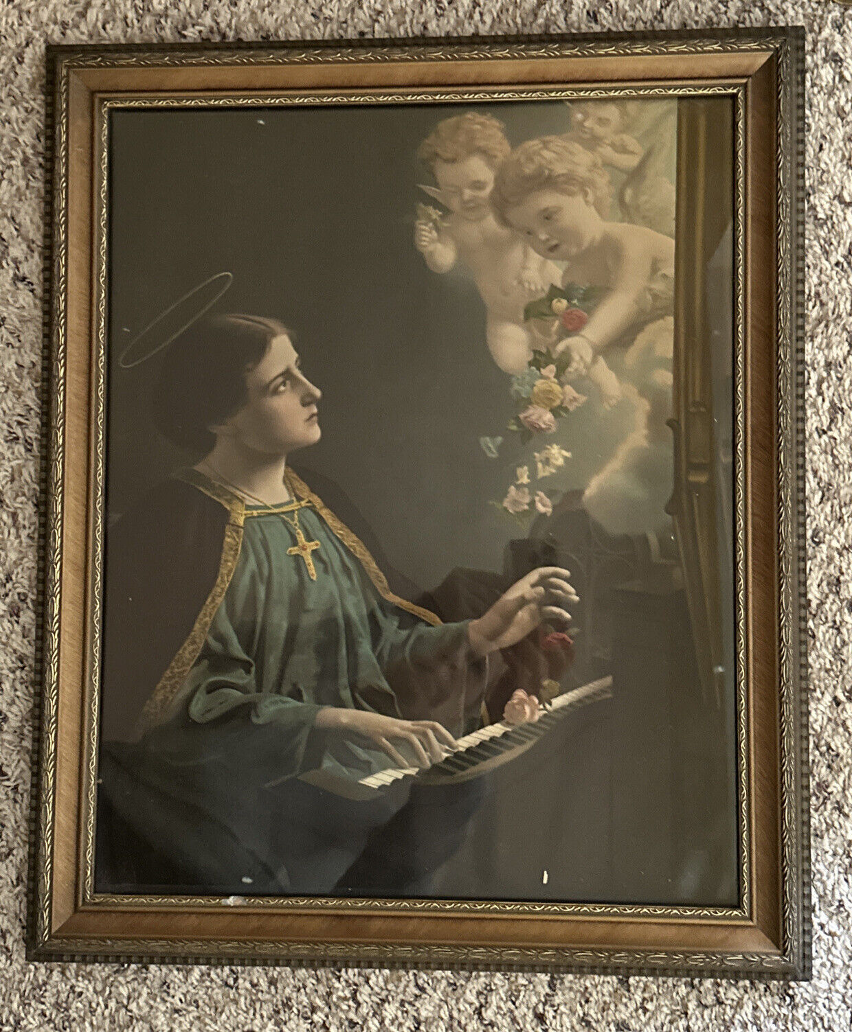 Vintage Print Saint Cecilia Patron Of Music Cherubs Framed 1920/1930 Religious