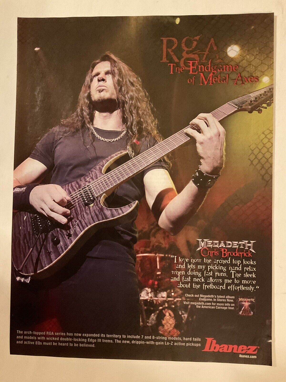 Megadeath Chris Broderick Ibanez Guitar Print Ad 2010 Endgame Arch Top VTG 10-1