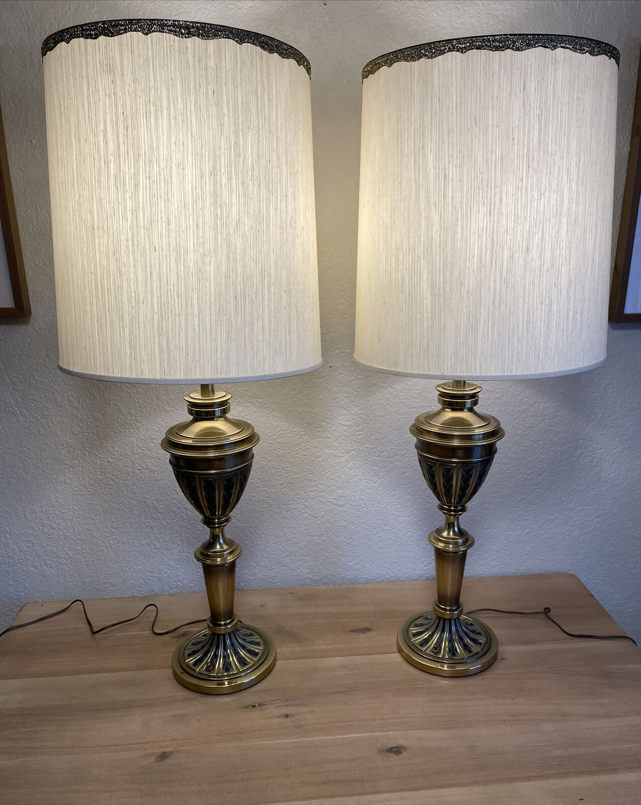 Pair of VTG Stiffel Brass XL Large 37” Table Lamps Original Shade Excellent Cond