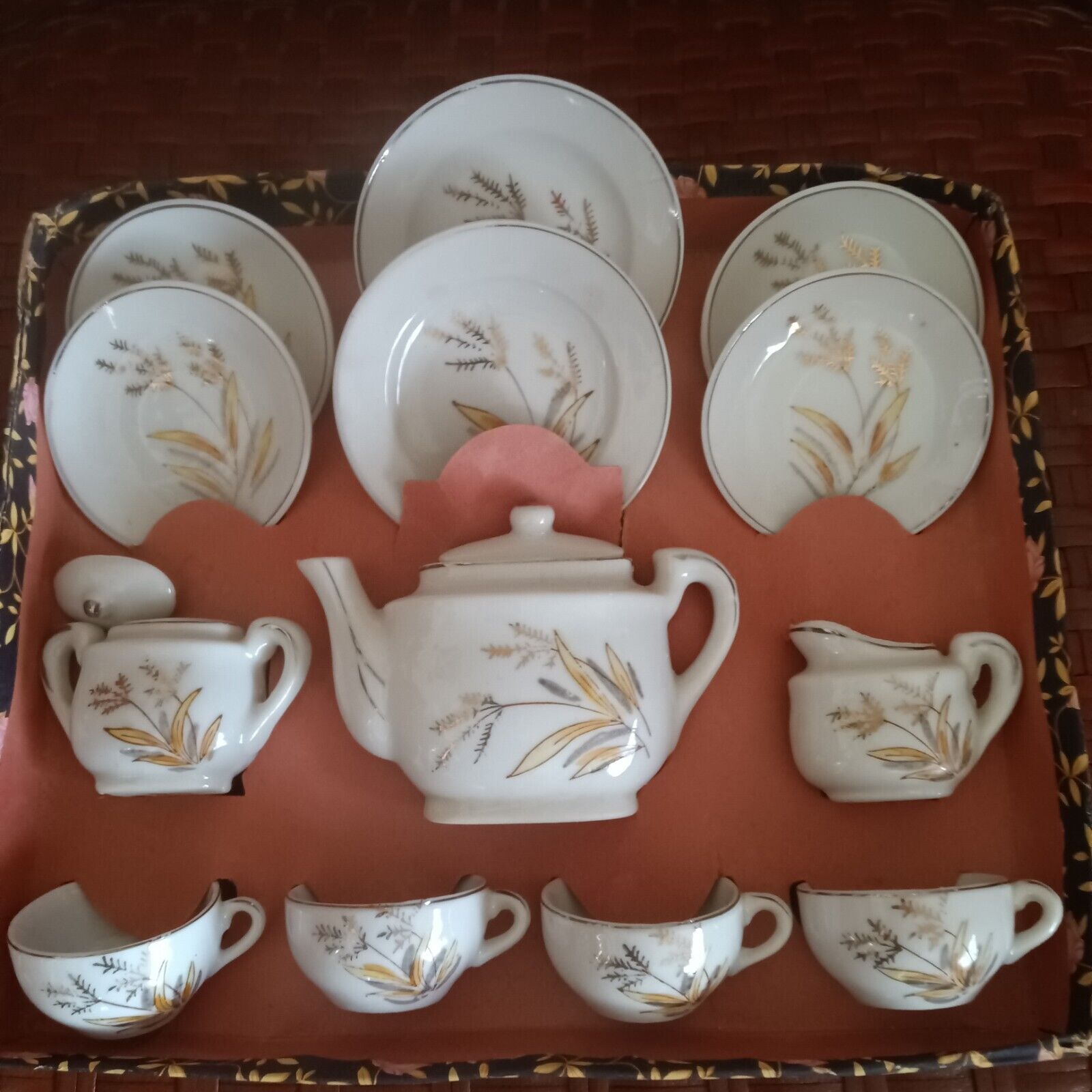 Vintage Miniature Childs Tea Set Cups Saucers Teapot Sugar Creamer Plates 13pcs