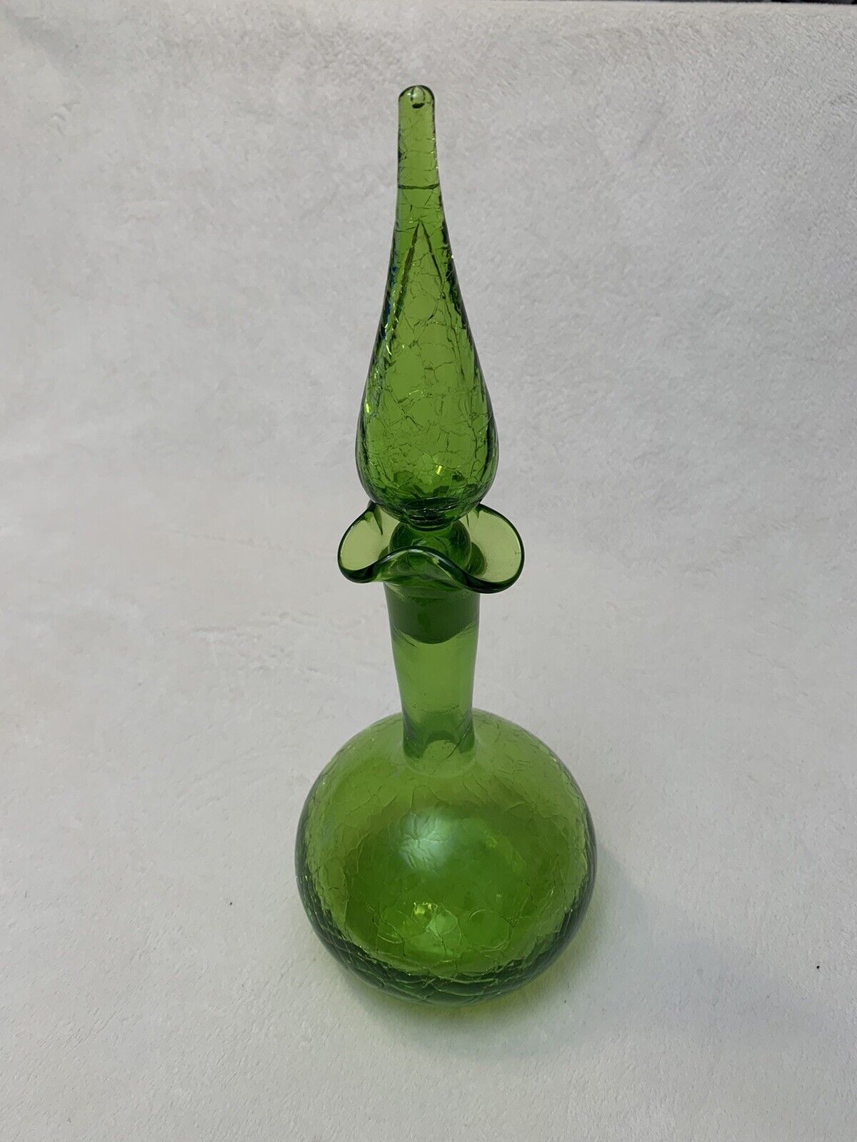 Blenko Style Hand Blown Green Cracked Glass Decanter Bottle