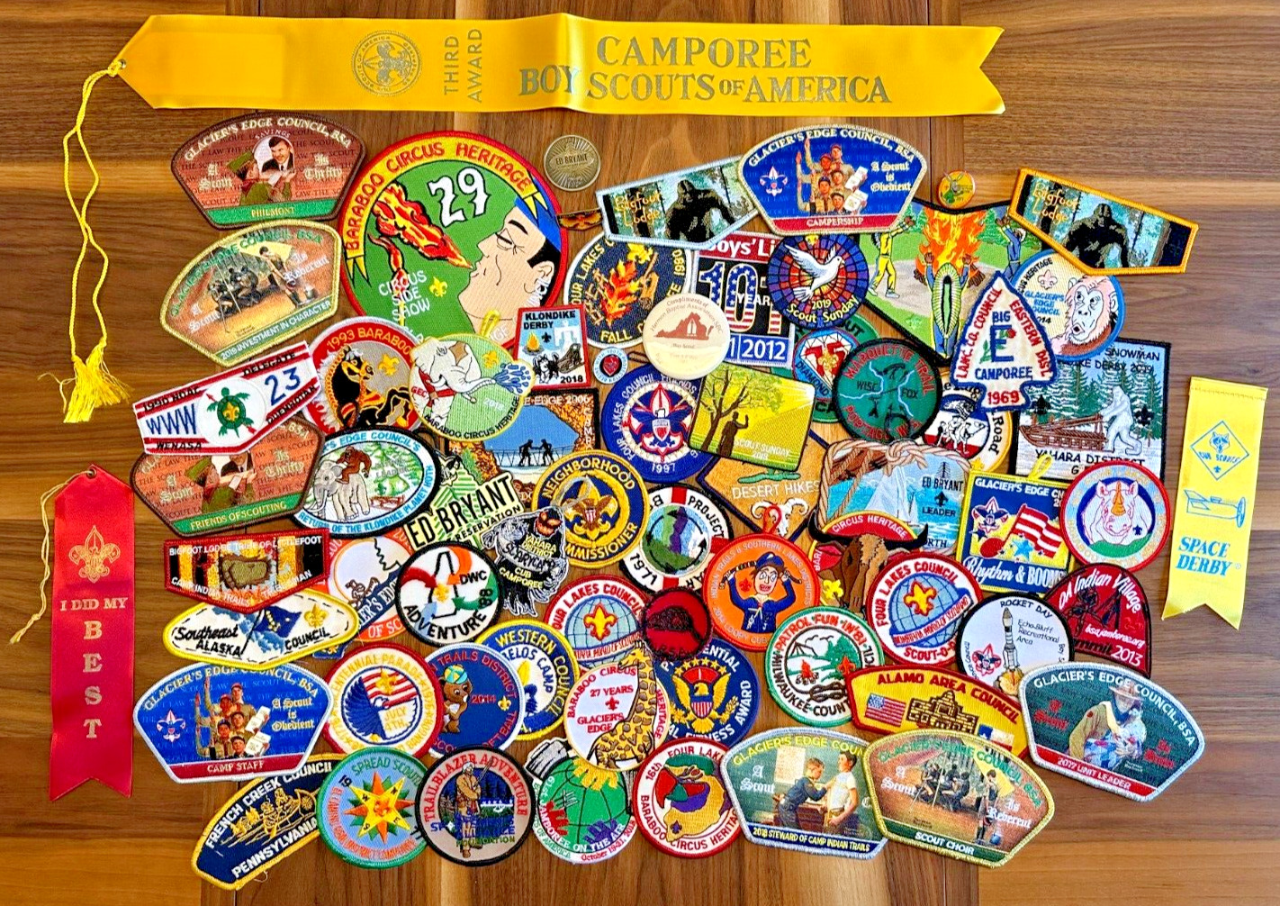 Large Collection of Boy Scout Memorabilia Patches OA Flaps CSPs Ribbons Coin Pin