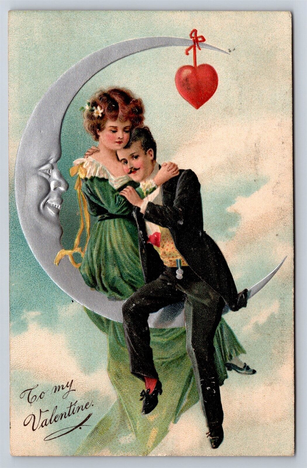Postcard Valentines Day Young Couple In Love Sitting On Crescent Moon c1908 AD26