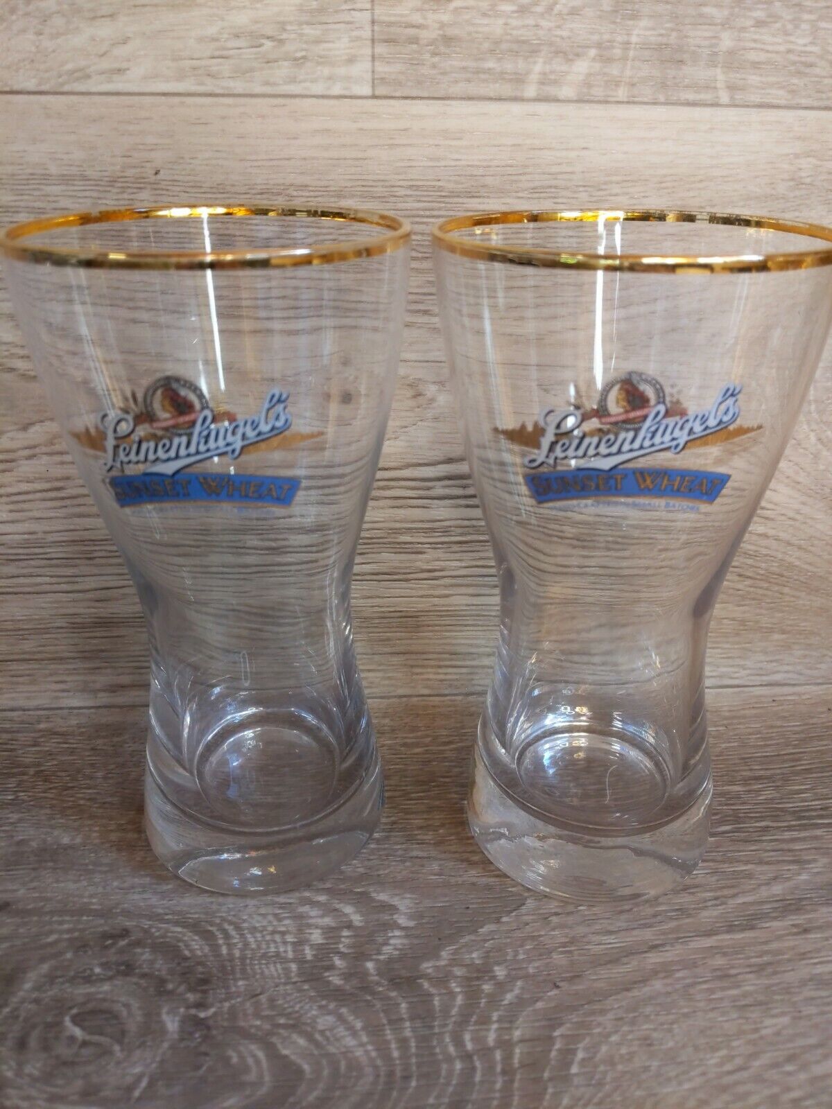 2 Vintage Leinenkugel\'s Sunset Wheat Beer Gold Rim Pilsner Hourglass Pint Glass