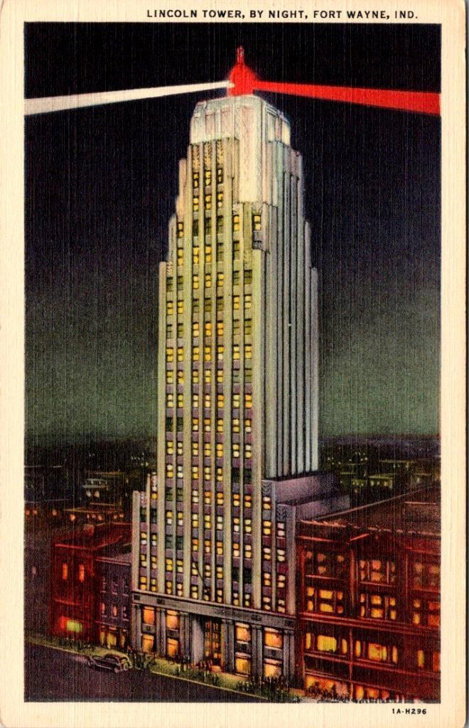 Fort Wayne, IN Indiana  LINCOLN TOWER Night Lights  ca1940\'s Linen Postcard