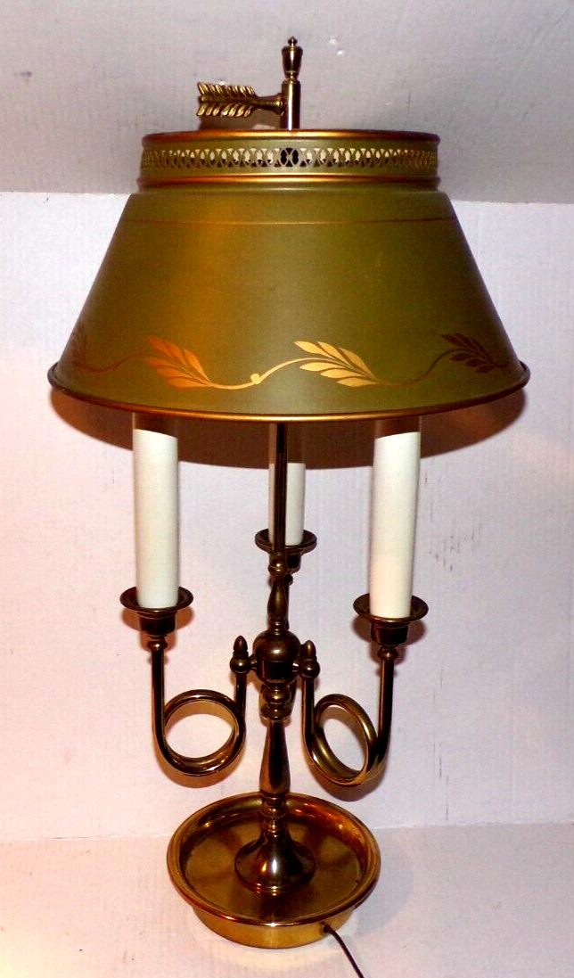 French Empire Brass Bouillotte Lamp Leviton 3 Arm Horn With Tole Shade Table VTG