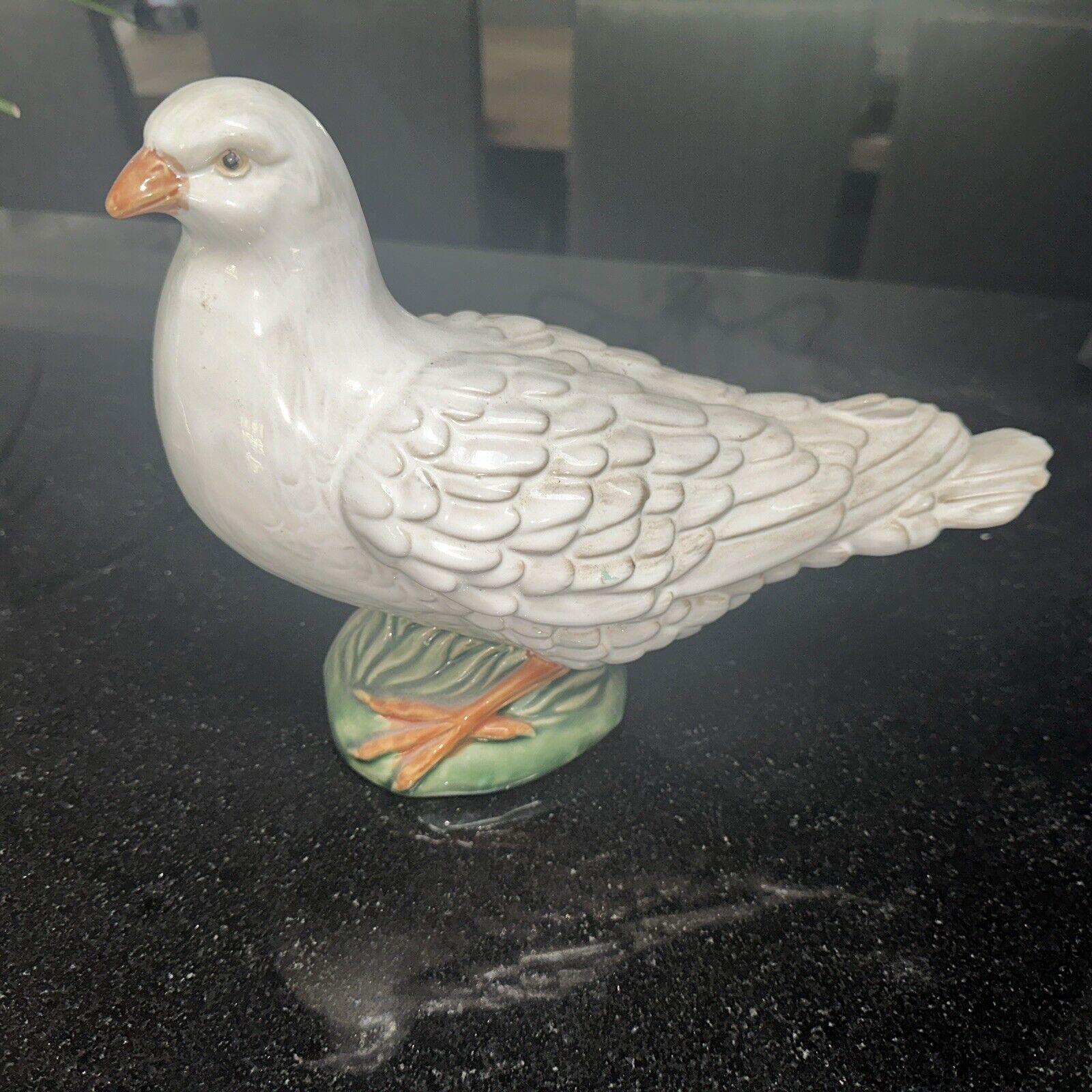 Vintage French Dove Figurine Porcelain Glazed White Green Gray Bird Figural 11”