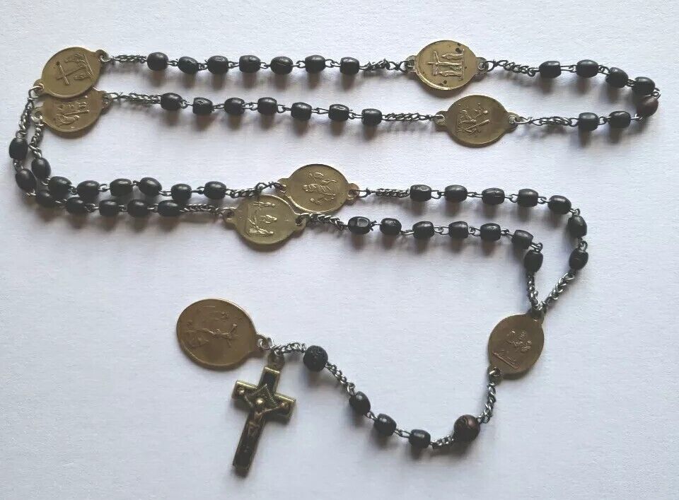 Vtg Antique Rosary Seven Sorrows Of Mary Wood Beads Brass Medals Mater Dolorosa 