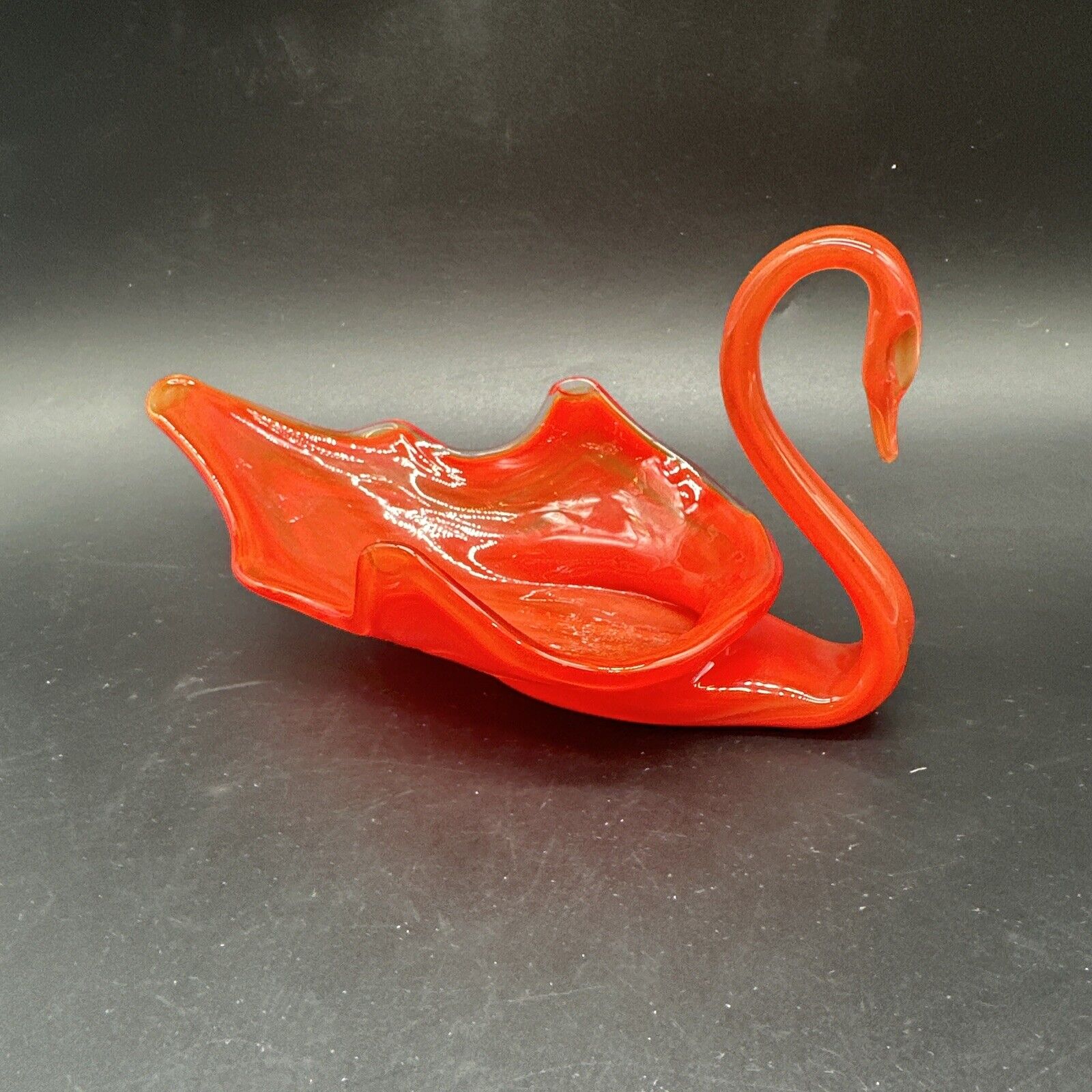 Vintage Art Glass Swan Red Orange Swirl Trinket Dish Bowl Hand Blown “Glows”