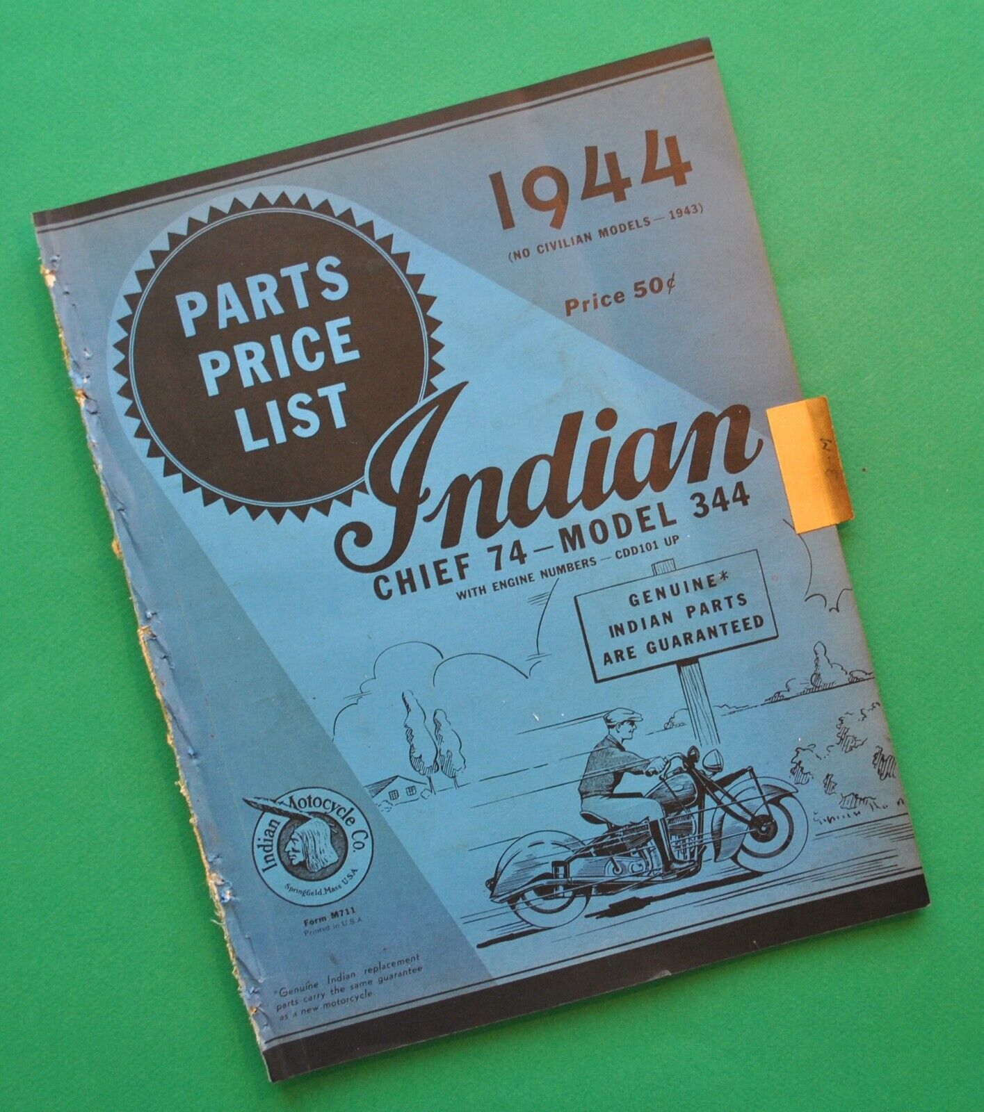 Original Old Vintage 1940's Indian Chief 74 Motorcycle Catalog Book Parts List