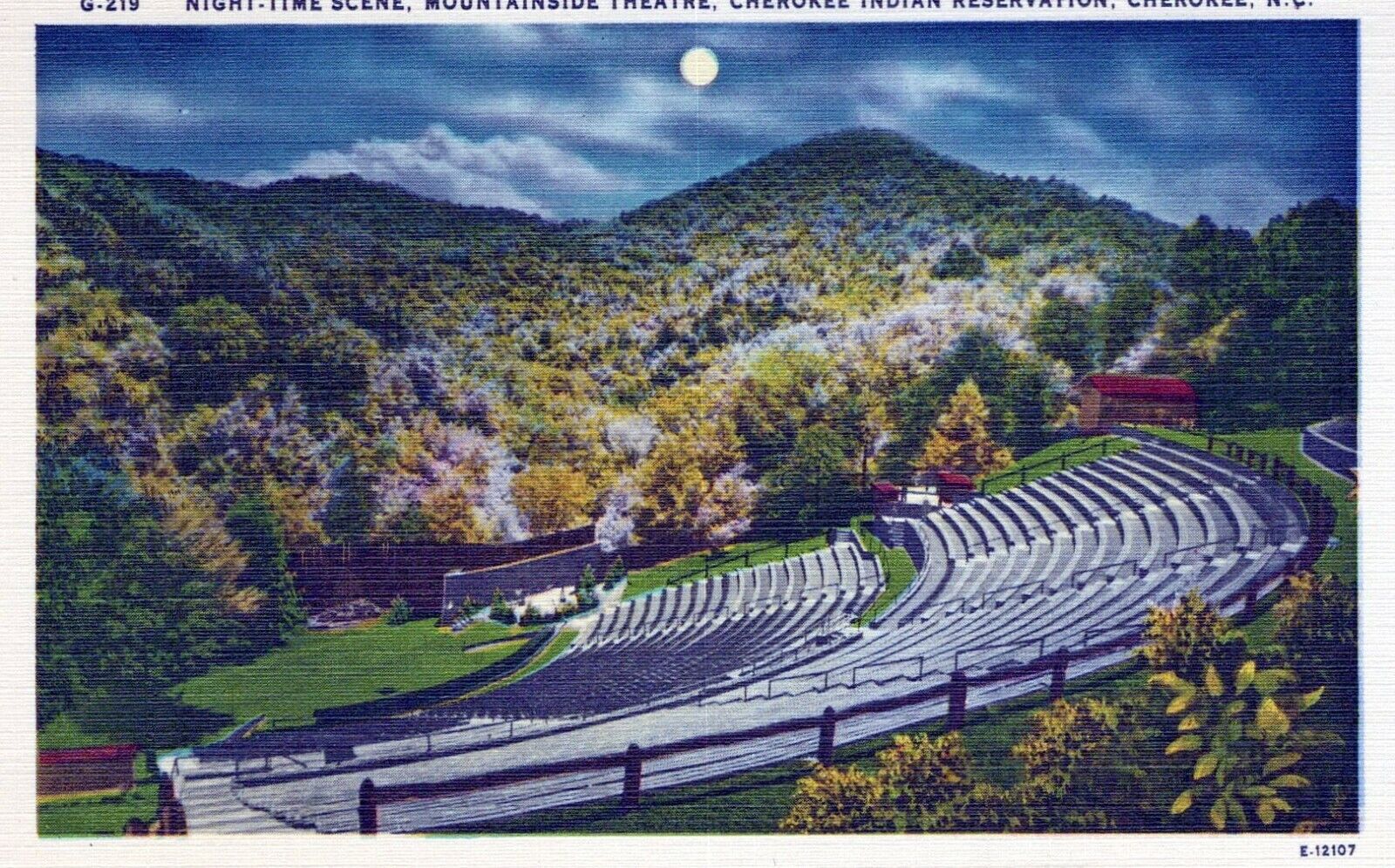 Night-Time Scene Moonlight Theatre Cherokee Indian Res NC Linen Vintage Postcard