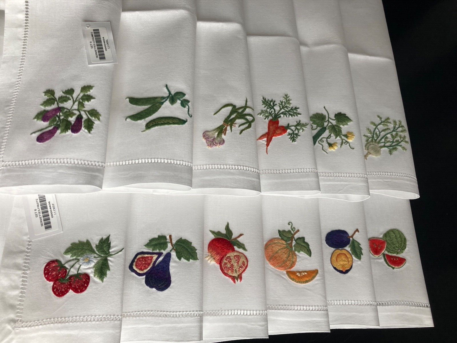 Vintage Hand Embroidered Fruits & Vegetables Set of 12 Dinner Napkins