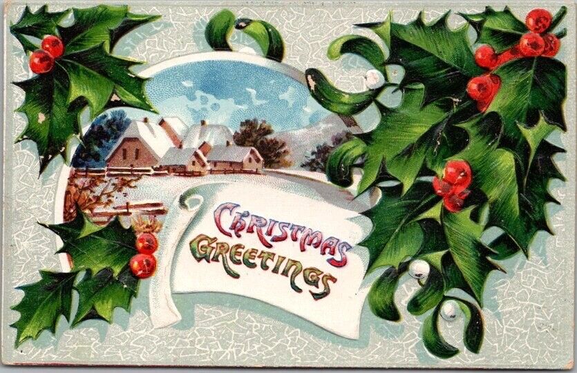 Vintage 1910s CHRISTMAS Embossed Postcard Winter House Scene / Holly & Mistletoe