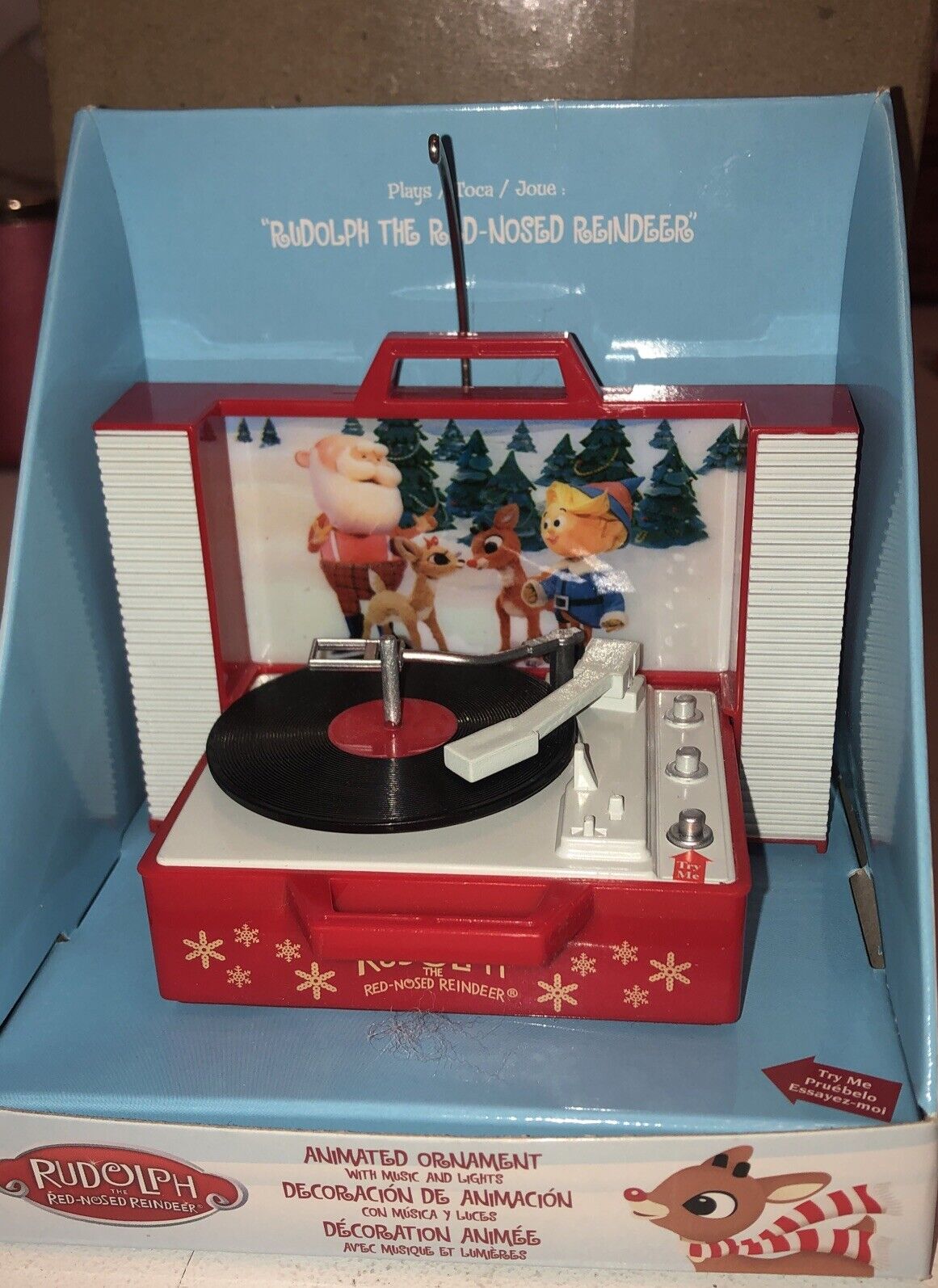 Rudolph the Red-Nosed Reindeer record player ornament Music Lights Up NEW