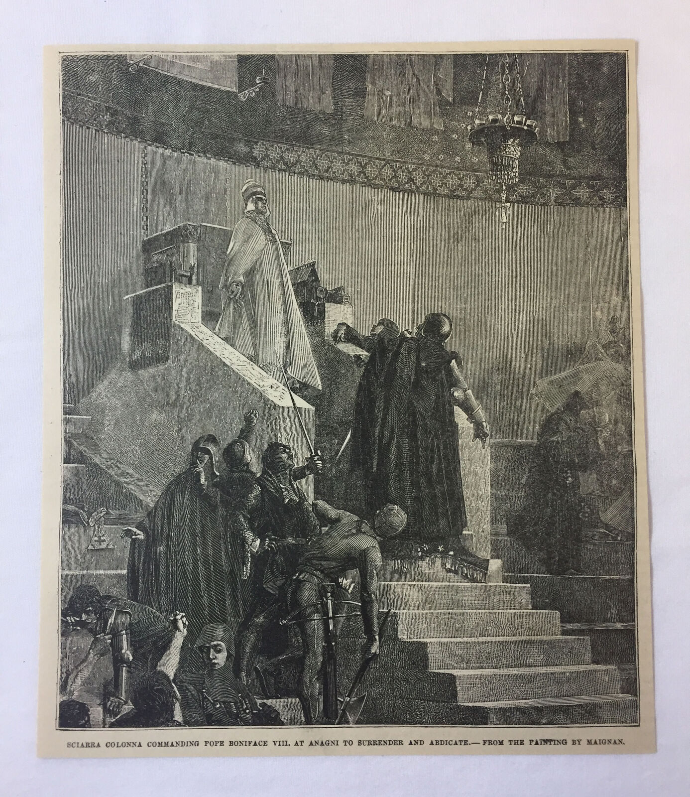 1878 magazine engraving ~ SCIARRA COLONNA COMMANDING POPE BONIFACE VIII 