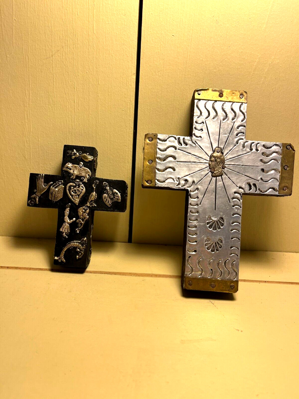 2 Vintage Mexican Folk Art Crosses w/Milagro Charms and Stamped Tin Overlay
