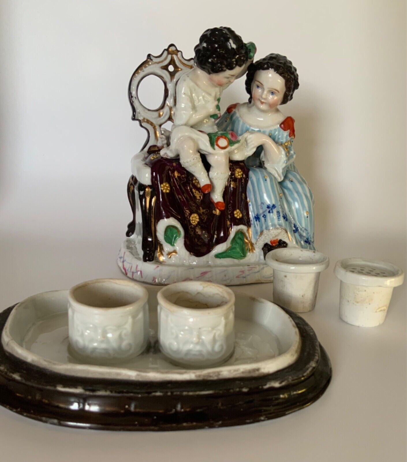 Antique French Boy and Girl Porcelain Inkwell