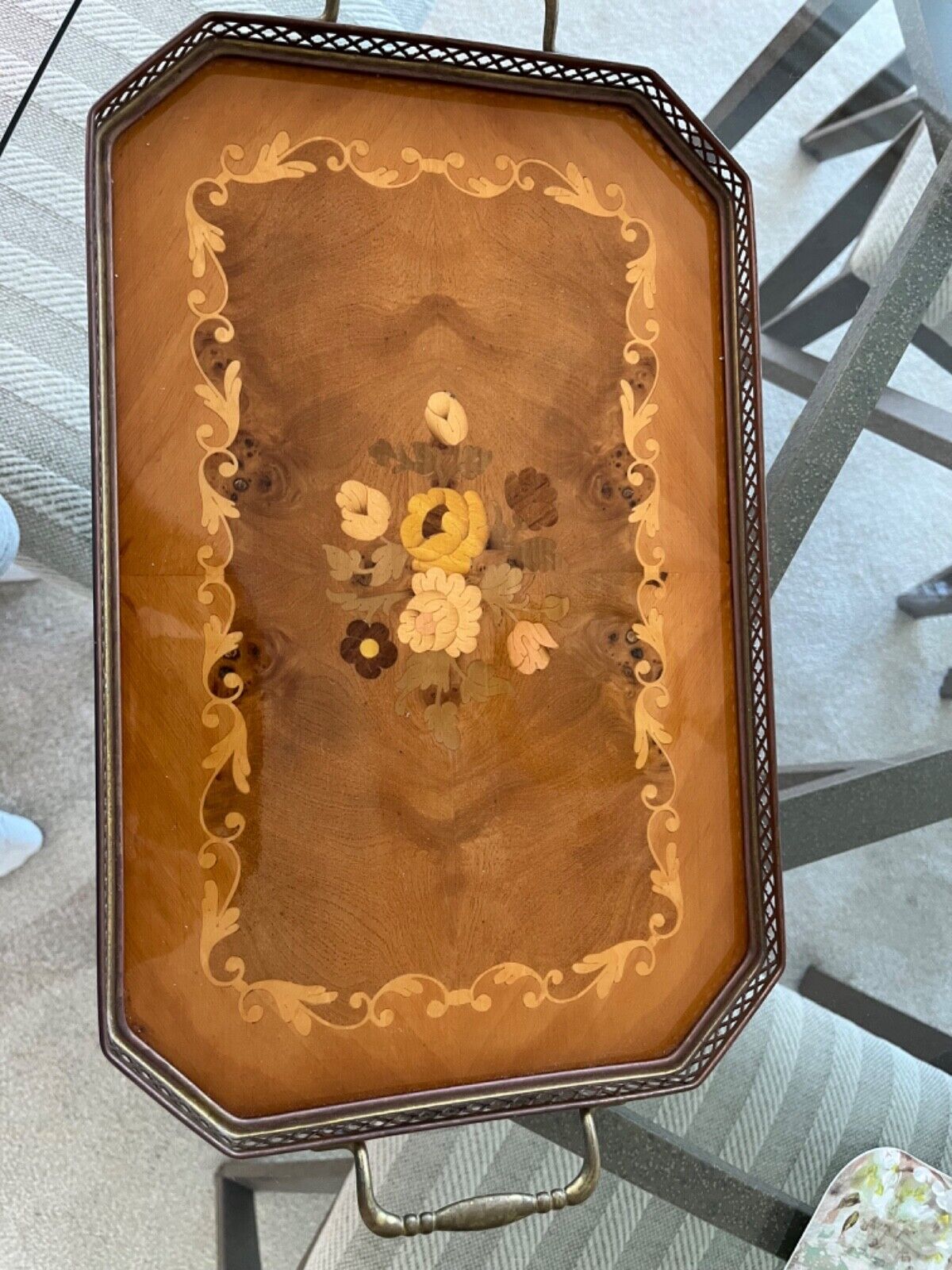 Vintage Italian inlaid wood floral serving tray with brass trim and handles
