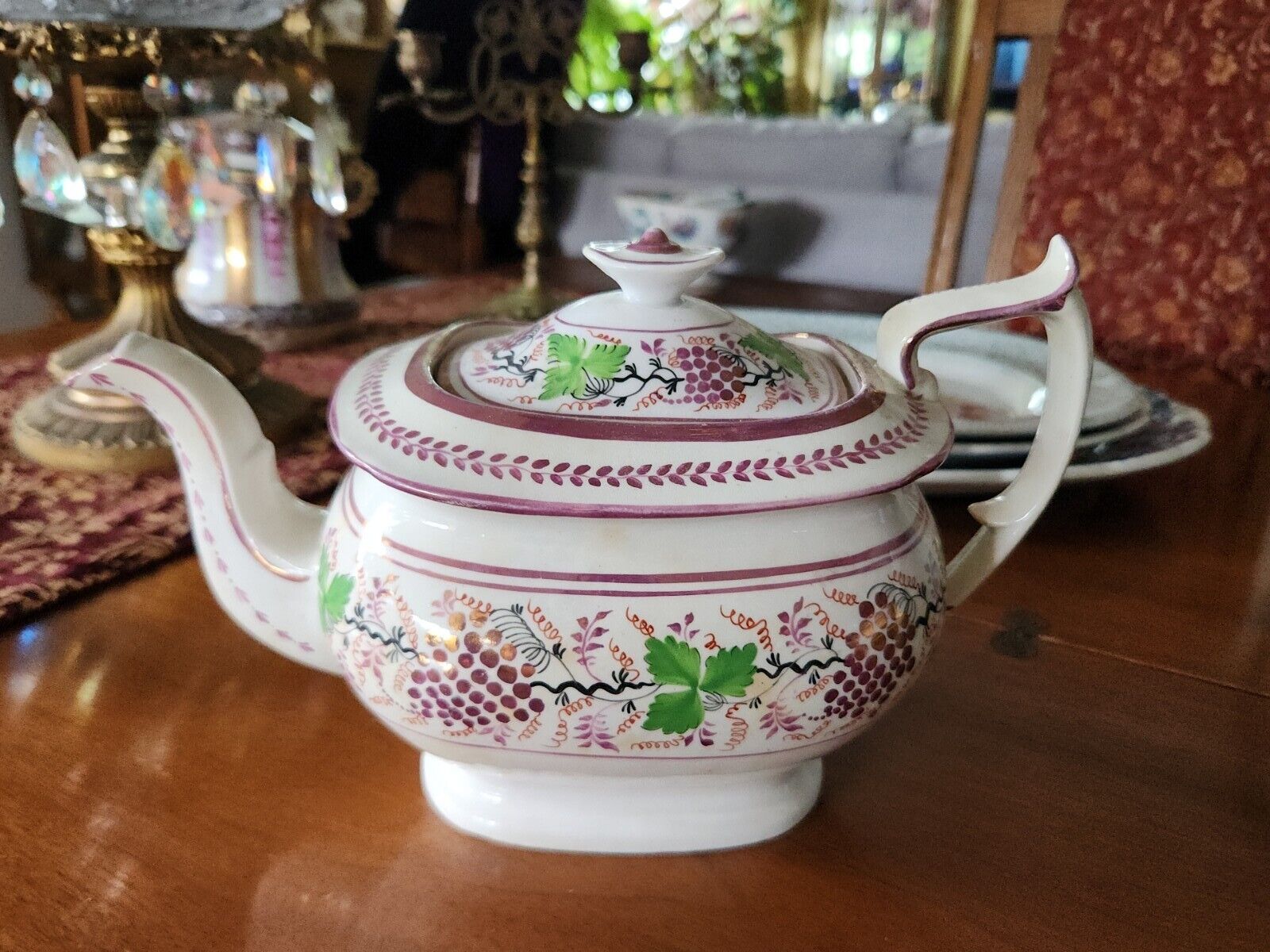 Antique Rare Pink Lusterware Staffordshire Handpainted Teapot soft paste sprig