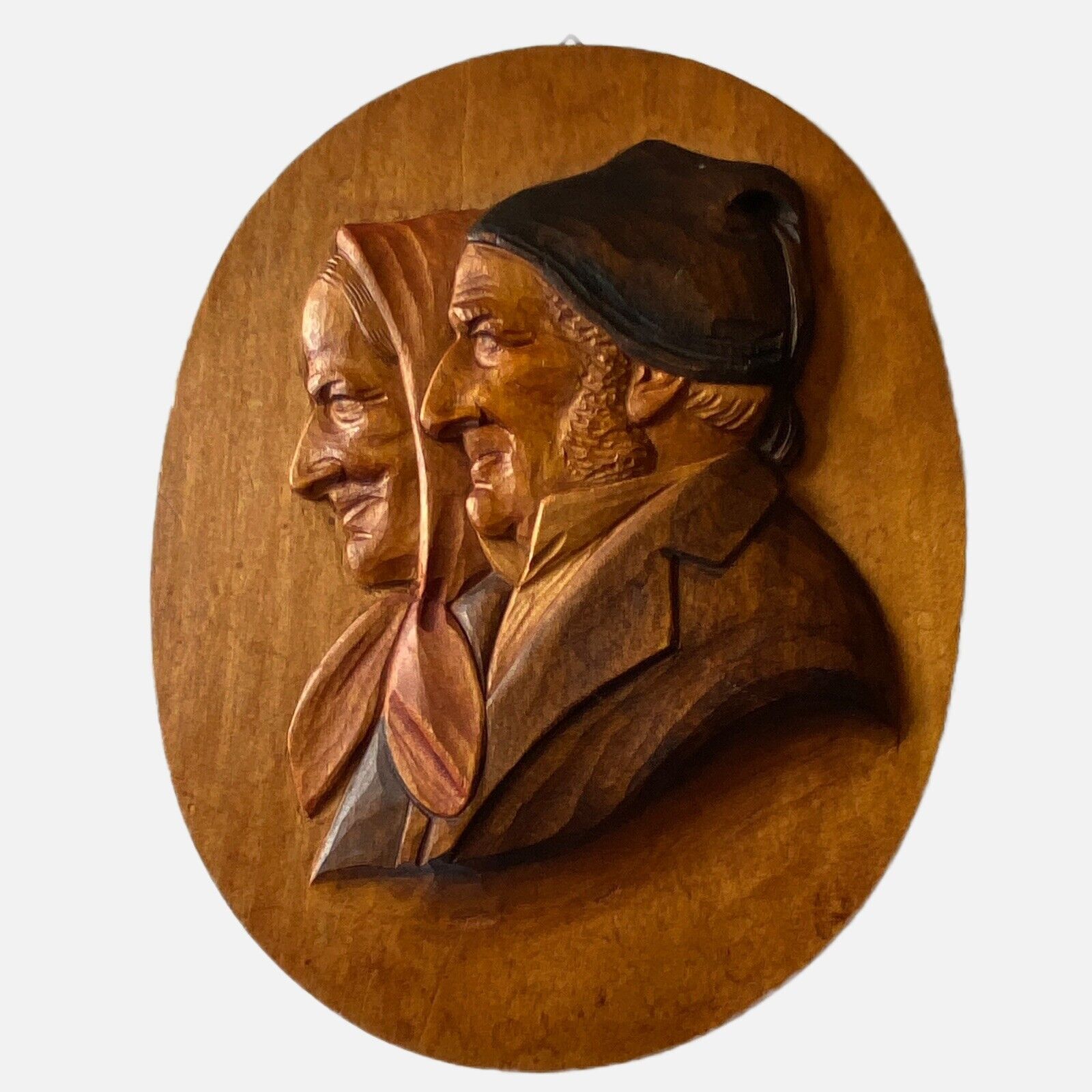Wooden Profile Plaque Carved Elderly Couple Wisdom Memories Vintage 6.5x8.5 Inch