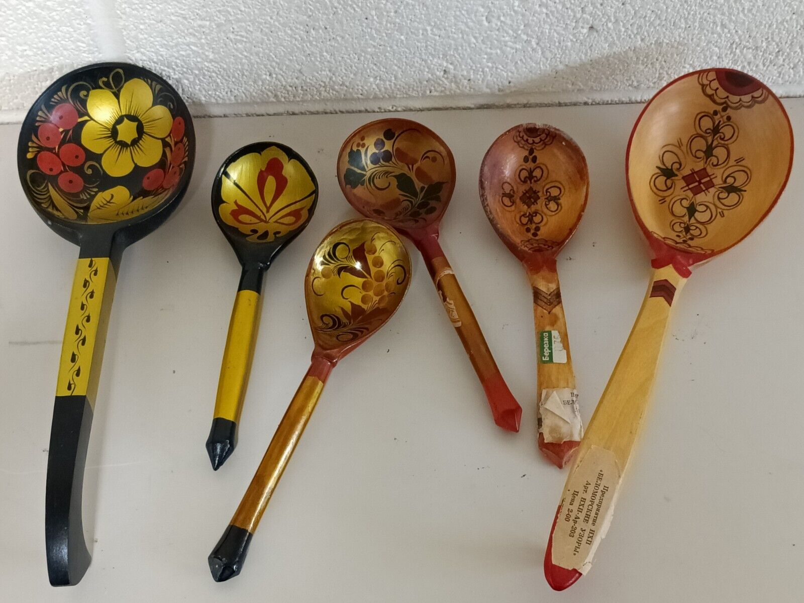 Russian Vintage Hand-Painted Wood Lacquer Spoons Khokhloma Lot of 6