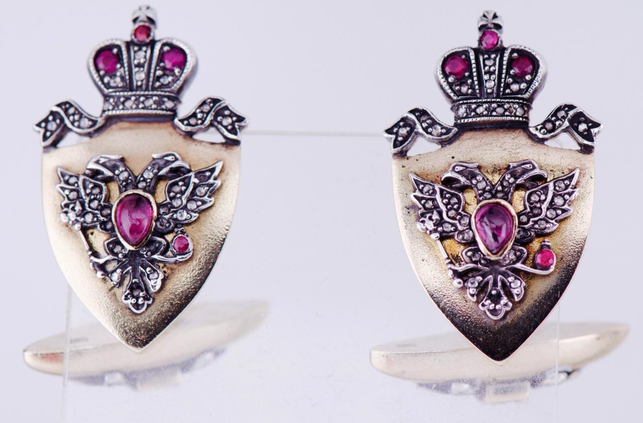 Antique Empire Jewelled 14k Gold Cufflinks Set Diamonds Rubies c1900's Boxed