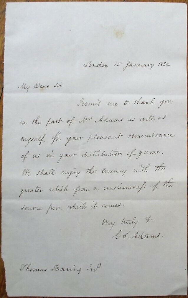 CHARLES FRANCIS ADAMS, SR. 1862 Autograph/Signed-Letter/ALS-President John Q Son