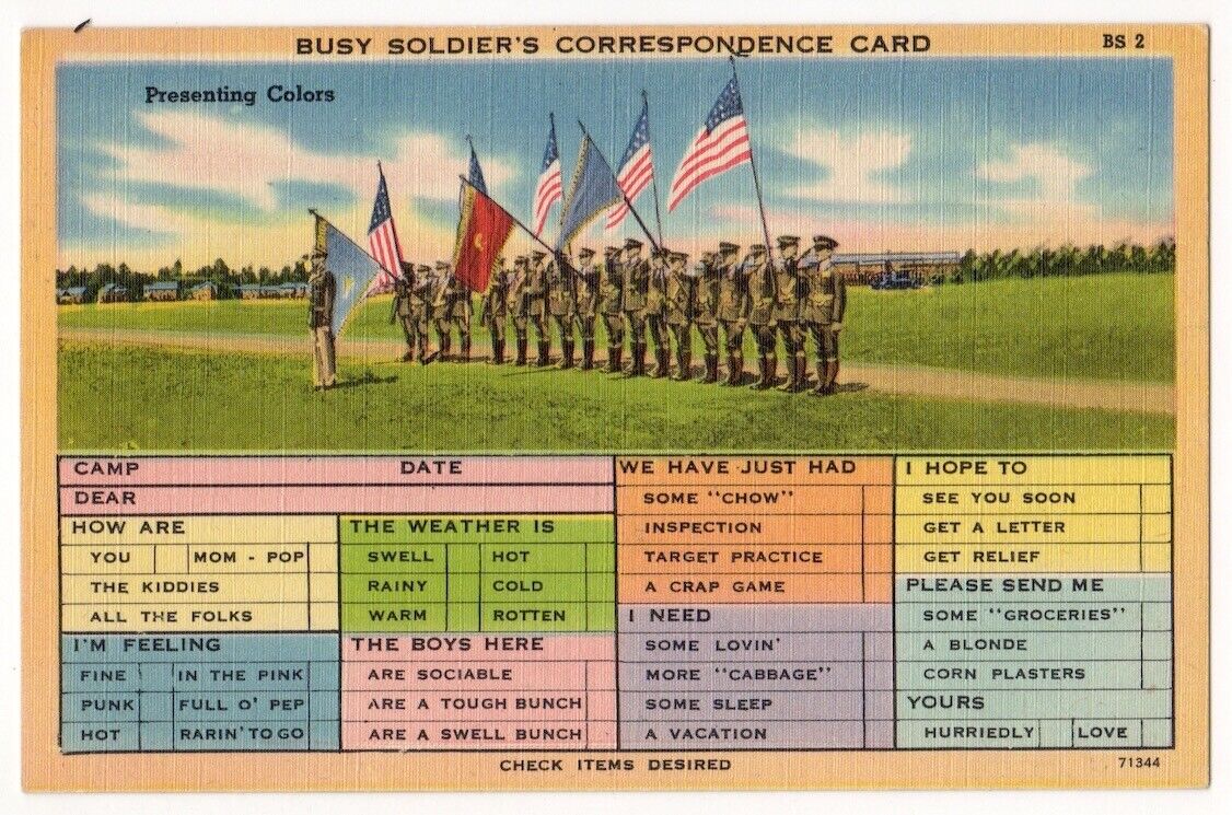 Busy Soldiers Correspondence Card c1940\'s Soldiers Presenting Colors, Flags