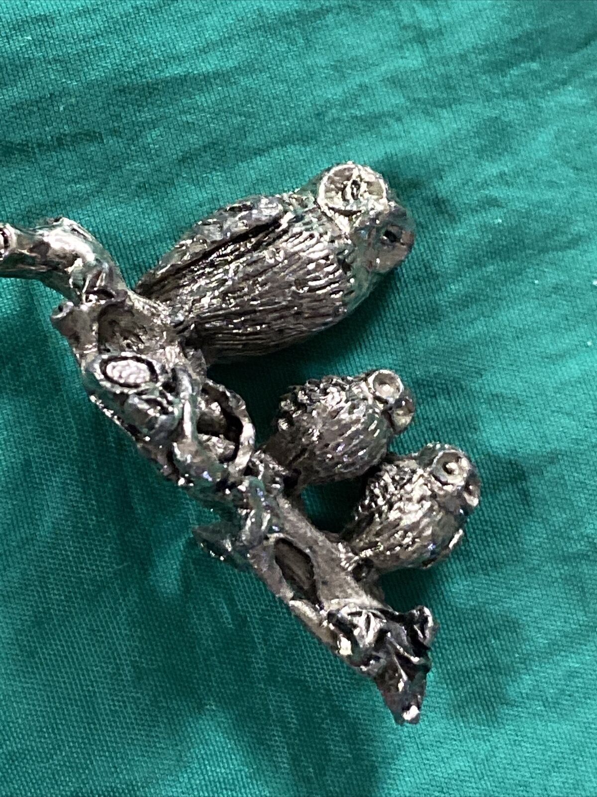 Vintage Owl Family Miniature Pewter Mama Owl w/2 Babys Sitting on Branch 2.5”