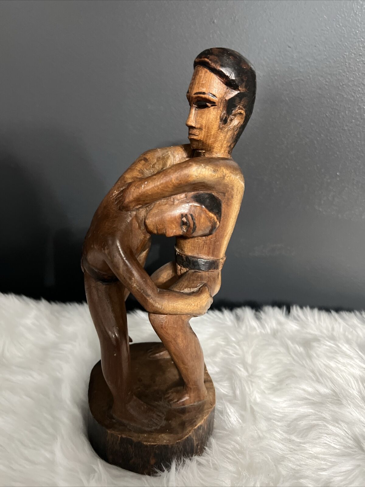 Vintage wood African Haitian handcarved sculpture couple wrestling 12 Inch High