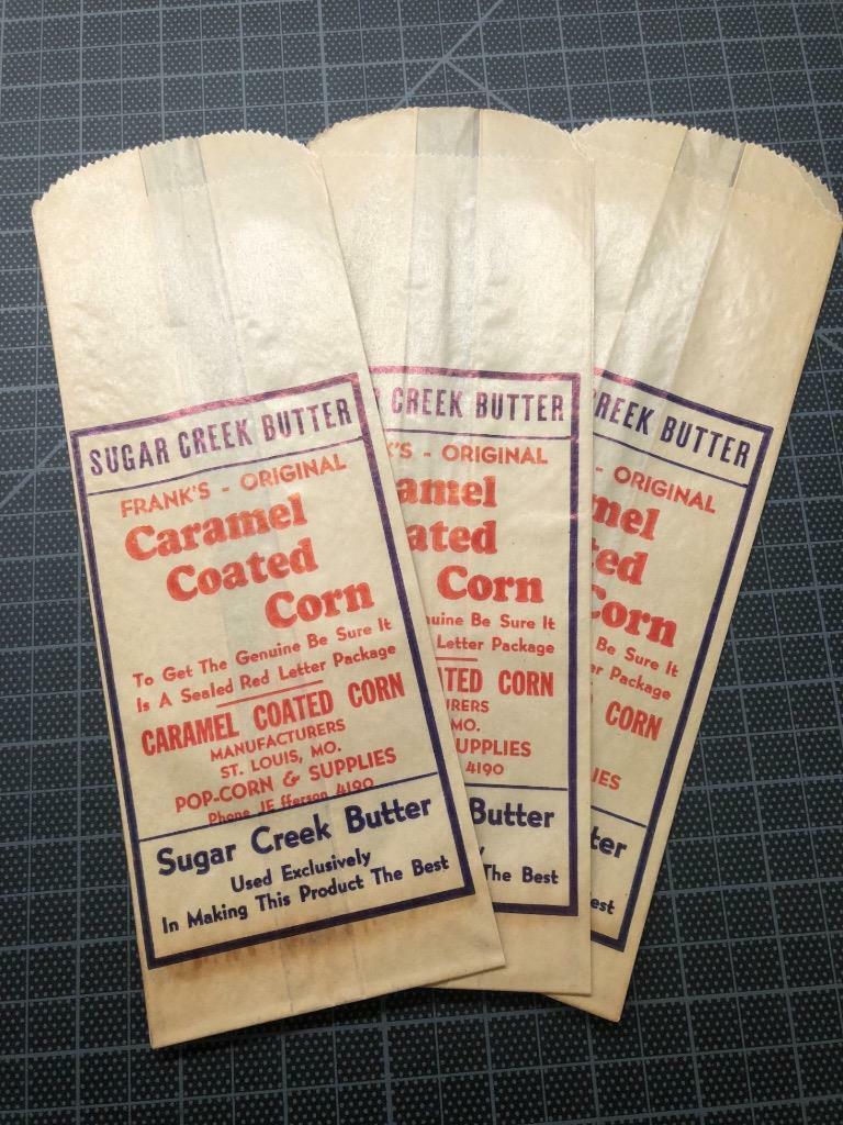3 Vintage 1950\'s FRANK\'S Original CARAMEL COATED pop CORN Sugar Creek Butter NOS