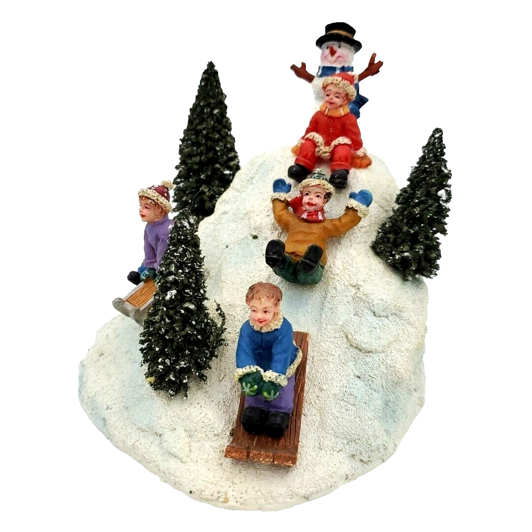 Vintage Winter Valley SLEDING HILL Figurine Christmas Village Snowman Kids Trees