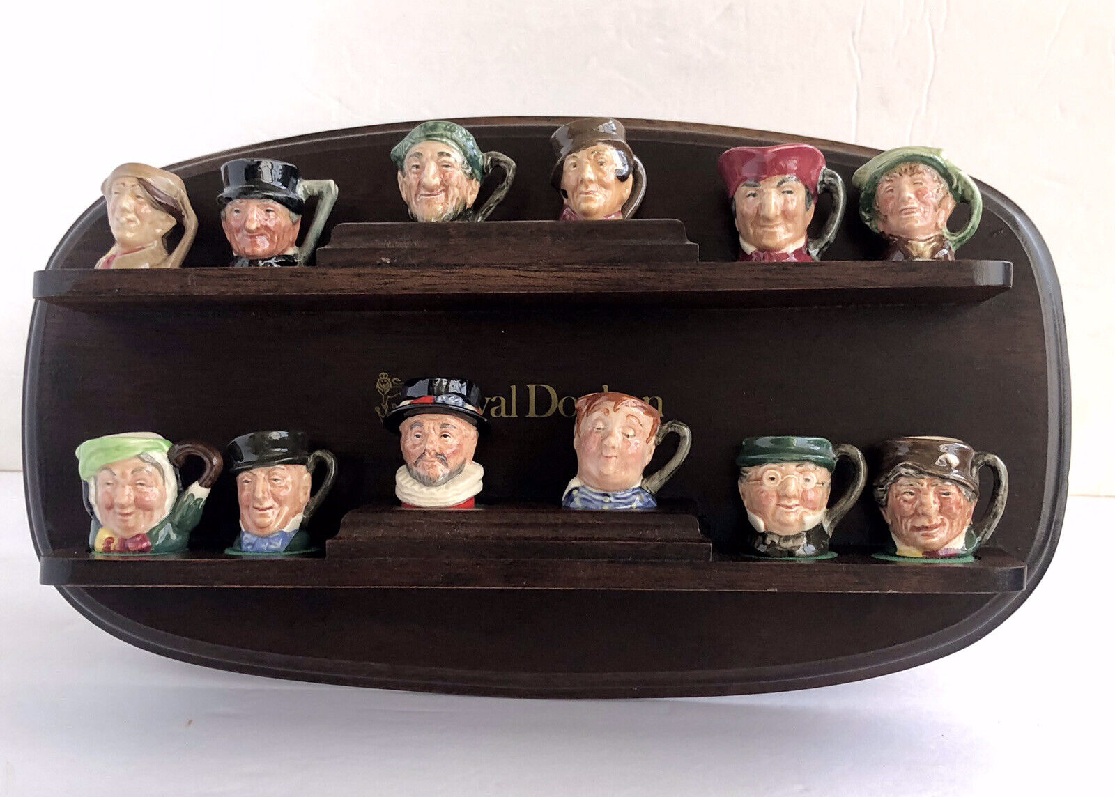 Royal Doulton Set 12 Miniature Tiny Jugs Hand Painted Display Stand