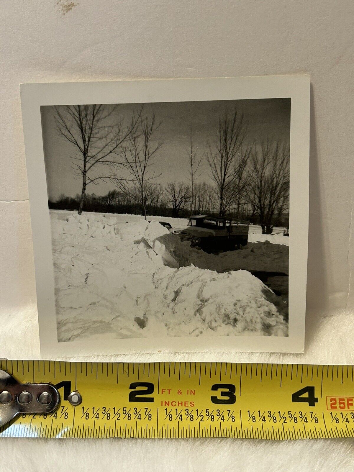 Vintage Photo Snapshot Of Large Snow Piles And Pickup truck